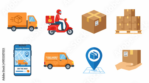 A vector illustration of a delivery process with a scooter, truck, and boxes, showing a map location and a person handing over a package, highlighting logistics and transportation.