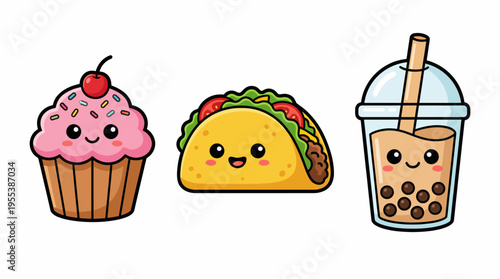 This charming illustration features a cupcake, taco, and bubble tea, each with adorable facial expressions, capturing a playful and whimsical food theme that delights viewers.