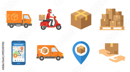Logistics vector illustration of delivery process with trucks, scooters, boxes, and map on phone showing vector graphics of packages being transported.