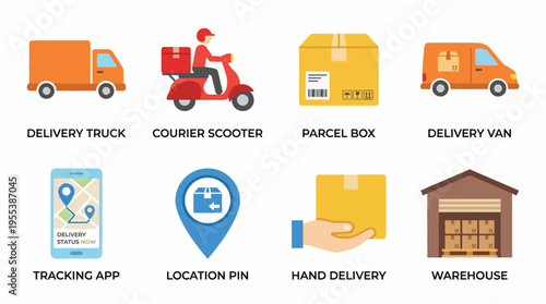 A vector graphic showing various delivery vehicles and logistics icons including a truck, scooter, parcel box, van, tracking app, location pin, hand delivery, and warehouse.