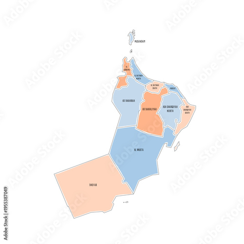 Oman political map of administrative divisions - governorates. Colorful handdrawn doodle style map with black outline borders and name labels.