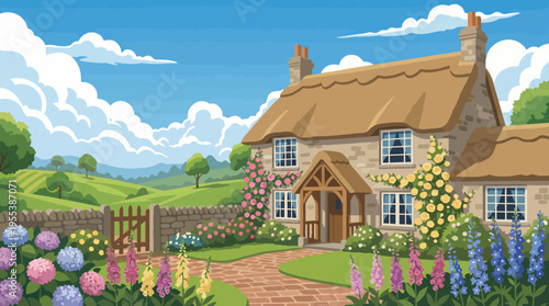 A picturesque cottage adorned with blooming flowers and lush greenery, set against a vibrant landscape, evoking feelings of tranquility and idyllic country living.