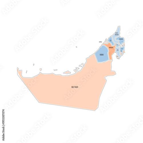 United Arab Emirates political map of administrative divisions - emirates. Colorful handdrawn doodle style map with black outline borders and name labels.
