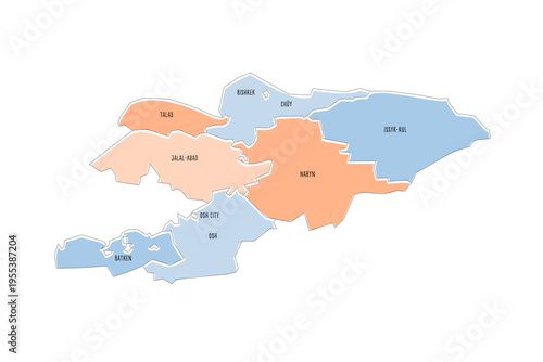 Kyrgyzstan political map of administrative divisions - regions and independent cities of Bishkek and Osh. Colorful handdrawn doodle style map with black outline borders and name labels.