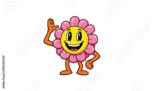 Smiling flower character waving hello