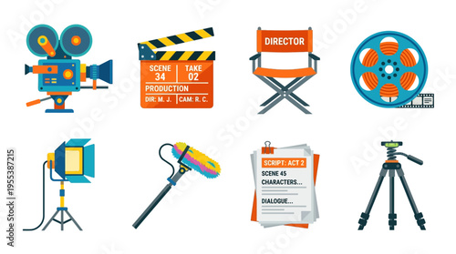 Filmmakers utilize various vector graphics equipment like cameras and lighting for movie production on set.