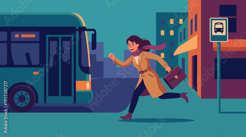 A determined woman rushes to catch the bus in an urban environment, dressed in a coat, carrying a briefcase, epitomizing the hustle and bustle of city life in a dynamic scene.