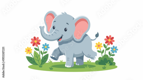 An adorable baby elephant frolicking in a colorful flower garden, symbolizing joy and innocence, making it an excellent representation for nature children’s content and playful imagery.