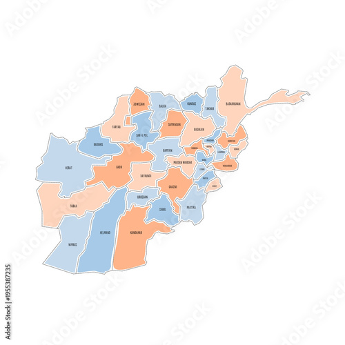 Afghanistan political map of administrative divisions - provinces. Colorful handdrawn doodle style map with black outline borders and name labels.