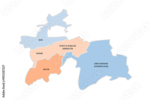 Tajikistan political map of administrative divisions - regions, autonomous region of Gorno-Badakhshan, districts of Republican Subordination and capital city of Dushanbe. Colorful handdrawn doodle