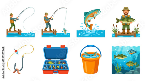 A vector illustration of a man fishing with various tackle and bucket on a sunny day outdoors by the water with fish.