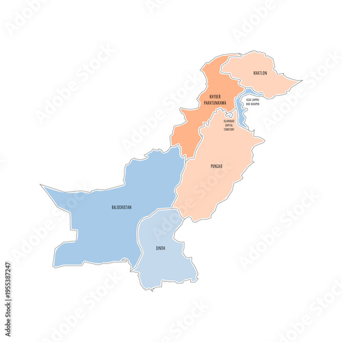 Pakistan political map of administrative divisions - provinces and autonomous territories. Colorful handdrawn doodle style map with black outline borders and name labels.
