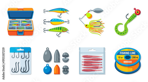 Fishing tackle box with lures and hooks on a table with vector graphics