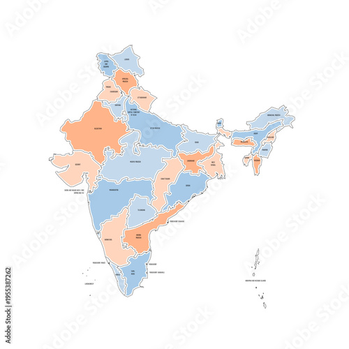 India political map of administrative divisions - states and union teritorries. Colorful handdrawn doodle style map with black outline borders and name labels.