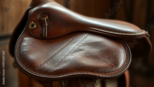 gullet. Vintage leather saddle showing natural wear patterns and detailed texture. lifestyle magazines, social media lookbooks, designed for lifestyle magazines and social media content.