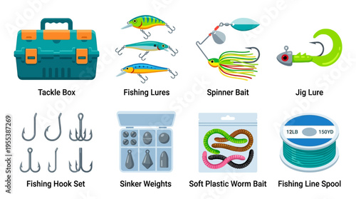 Vector graphic illustration of fishing gear and tackle vector box with lures, hooks, sinkers, and line on a clean surface