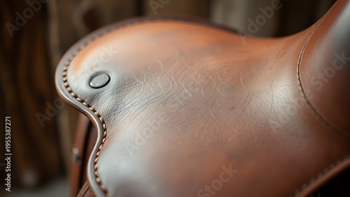 gullet. Vintage leather saddle showing natural wear patterns and detailed texture. lifestyle magazines, social media lookbooks, designed for lifestyle magazines and social media content.
