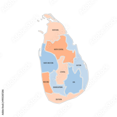 Sri Lanka political map of administrative divisions - provinces. Colorful handdrawn doodle style map with black outline borders and name labels.