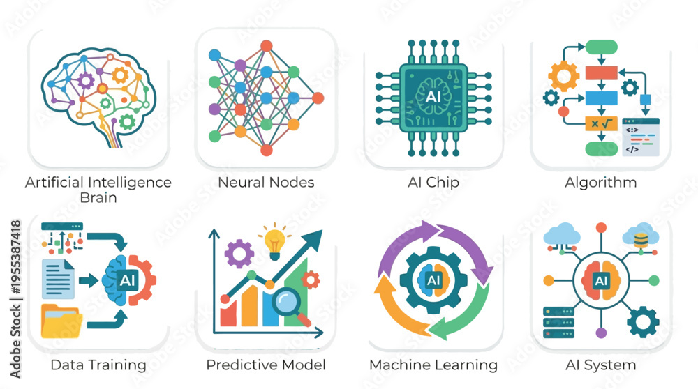 Fototapeta premium Vector graphics illustrating artificial intelligence concepts with neural nodes and machine learning algorithms in a futuristic technology landscape.