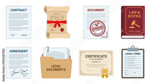 Collection of vector legal documents and law books on a desk with contracts, agreements, and certificates.
