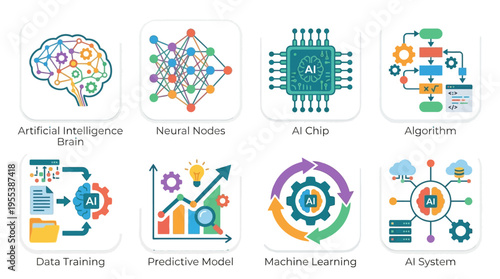 Vector graphics illustrating artificial intelligence concepts with neural nodes and machine learning algorithms in a futuristic technology landscape.