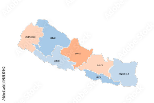 Nepal political map of administrative divisions - provinces. Colorful handdrawn doodle style map with black outline borders and name labels.