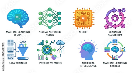 Vector graphics illustrate machine learning concepts with neural networks and algorithms in a futuristic digital environment.
