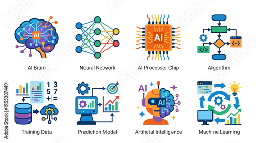 Vector graphics illustrate AI concepts with brain neural network processor and algorithm for machine learning and artificial intelligence.