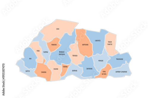 Bhutan political map of administrative divisions - districts. Colorful handdrawn doodle style map with black outline borders and name labels.