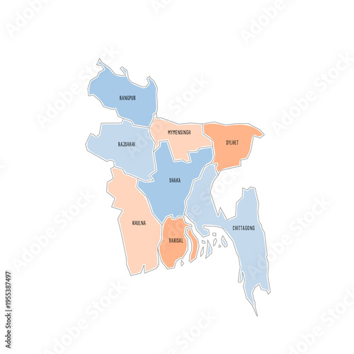 Bangladesh political map of administrative divisions - divisions. Colorful handdrawn doodle style map with black outline borders and name labels.
