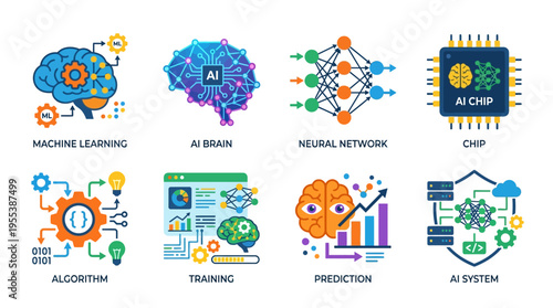 A vector illustration of a neural network with machine learning concepts and AI brain elements on a circuit board background with algorithm and prediction elements.