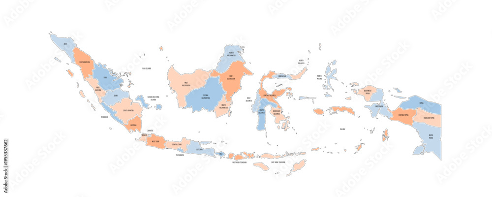 Obraz premium Indonesia political map of administrative divisions - provinces and special regions. Colorful handdrawn doodle style map with black outline borders and name labels.