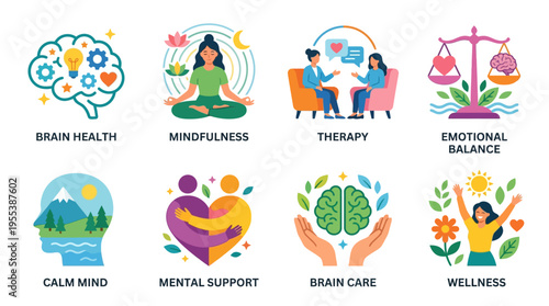 A vector illustration depicts various mental health icons representing brain health, mindfulness, therapy, and emotional balance in a calm environment with a focus on wellness and support.