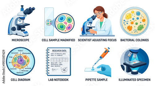 Scientist examining bacterial colonies with microscope and assisting focus on vector cell sample magnified in lab