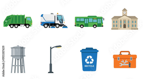 A vector illustration of a green garbage truck, a blue street sweeper, a green bus, a school building, a water tower, a street light, a recycling bin, and an orange toolbox are all shown.