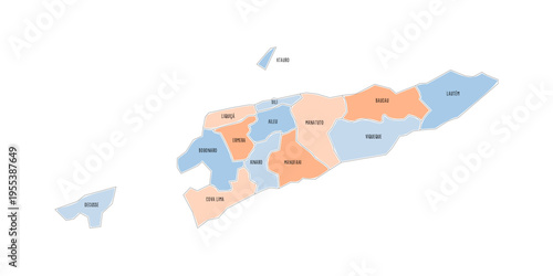 East Timor political map of administrative divisions - municipalities and Special Administrative Region Oecusse-Ambeno. Colorful handdrawn doodle style map with black outline borders and name labels.