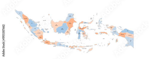 Indonesia political map of administrative divisions - provinces and special regions. Colorful handdrawn doodle style map with black outline borders and name labels.