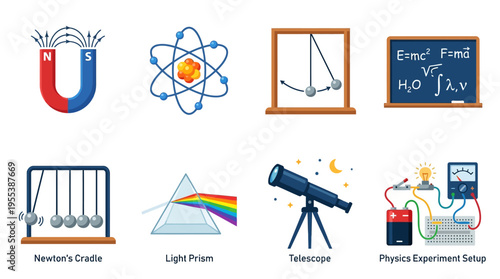 Vector illustration of educational science equipment and symbols in a classroom setting with various experiments and tools.