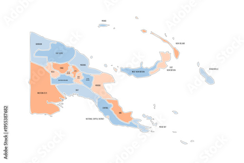 Papua New Guinea political map of administrative divisions - provinces, autonomous region and National Capital District. Colorful handdrawn doodle style map with black outline borders and name labels.
