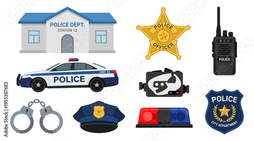 Police Department Station with Vector Icons and Cars in a City Environment at Nighttime Viewpoint