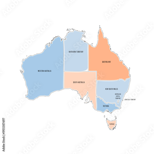 Australia political map of administrative divisions - states and teritorries. Colorful handdrawn doodle style map with black outline borders and name labels.