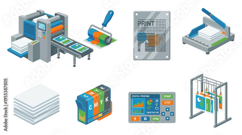 A vector illustration of industrial machines manufacturing and processing vector graphics and printing materials in a factory setting with various equipment.