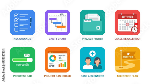 Vector icons of business project management tools and deadlines on a desktop
