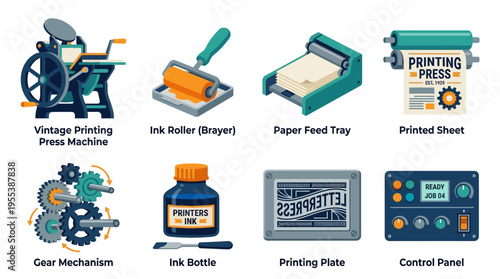 Vector illustration of a vintage printing press machine with ink roller, paper feed tray, and control panel in an industrial setting with gear mechanism.