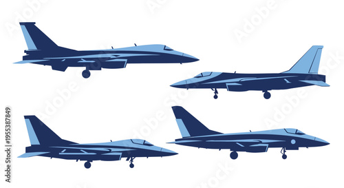 Modern Supersonic Fighter Jet Vector Illustration Set, Military Stealth Aircraft Silhouette, Air Force Aviation Icons