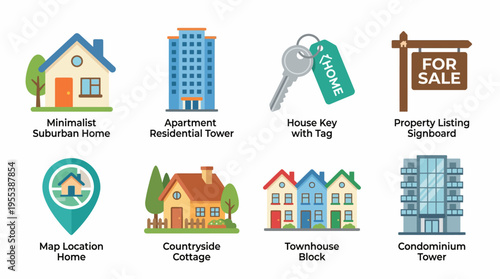 Vector graphic illustration of a modern suburban neighborhood with various housing types for sale