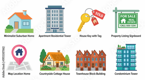 Vector illustrations of various suburban homes and real estate icons on display for sale