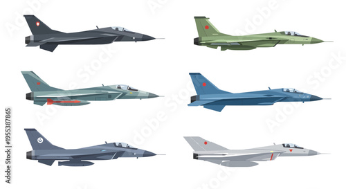 Modern Military Jet Fighter Vector Collection, Combat Aircraft with Missiles and Camouflage, Air Force Aviation Flat Icons