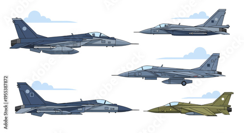 Modern Fighter Jet Vector Illustration Set, Military Aircraft Icons with Missiles and Fuel Tanks, Supersonic Air Force Aviation Collection on White Background