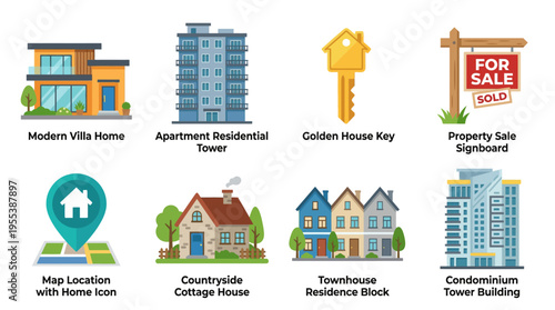 Vector illustration of various modern homes and residential buildings for sale in a countryside location.